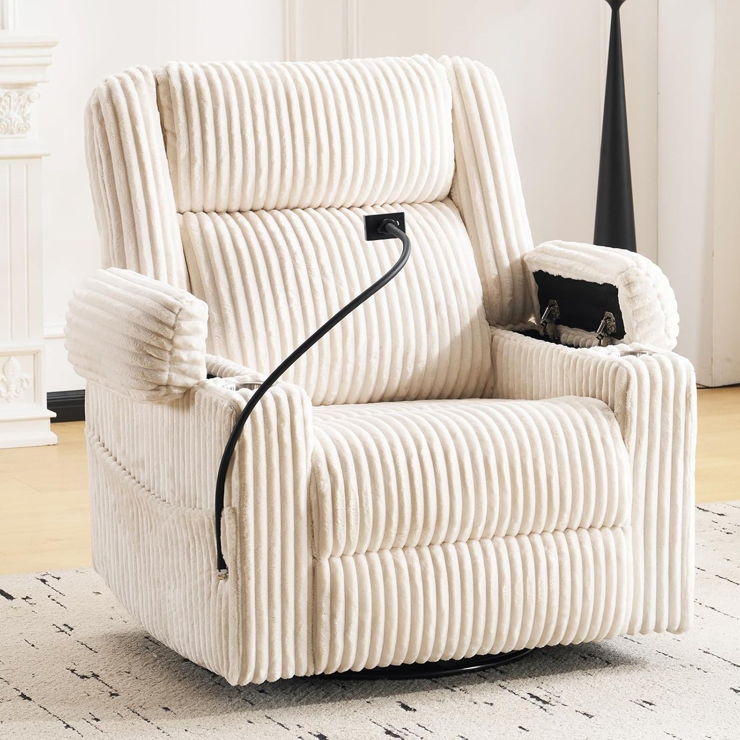 Oversized Power Recliner Chair with Massage and Heat, Swivel Rocker Recliner Chair for Adults with Arm Storage, Nursery Glider Recliner with Adjustable Headrest and Phone Stand, Side Pockets, Beige