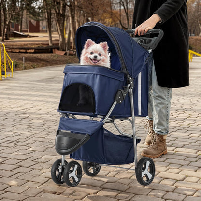 MoNiBloom Foldable Pet Stroller with Weather Cover, 3 Wheels Pet Strolling Cart for Small/Medium Dogs and Cats with Storage Basket and Cup Holder, Breathable and Visible Mesh for All-Season, Black