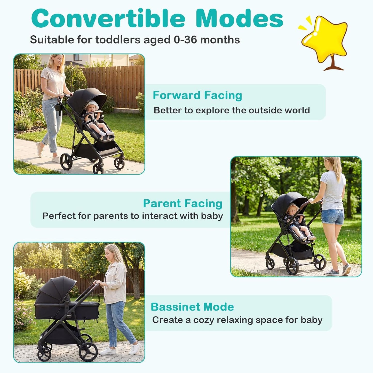 BABY JOY 2 in 1 Baby Stroller, High Landscape Convertible Bassinet Stroller with Reversible Seat, Net, Adjustable Canopy, Cup Holder, Foldable Pushchair Pram Stroller for Newborn Toddlers (Gray)