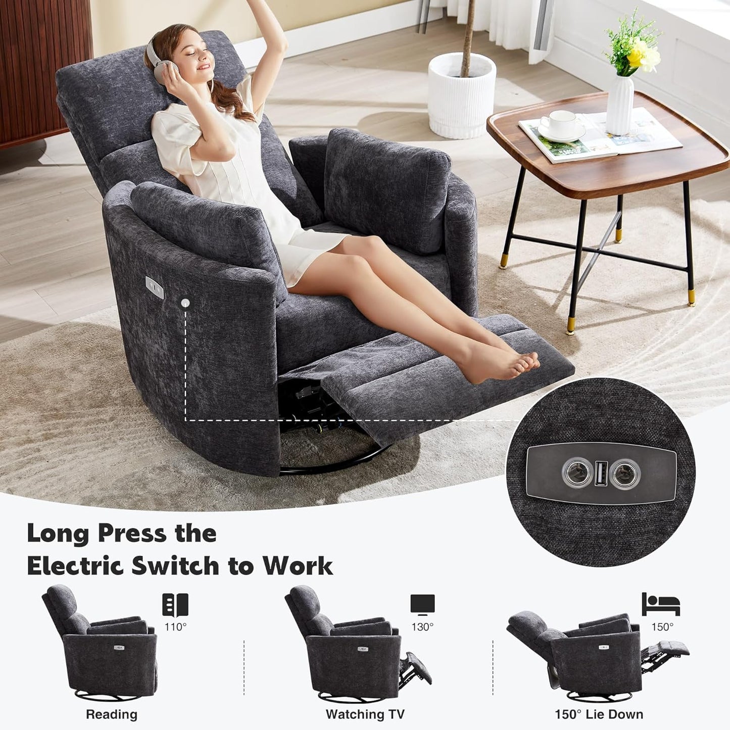Power Recliner,Nursery Swivel Glider Rocking Chair with USB Port,Upholstered Adult Electric Recliner Rocking Chair with 2 Pillows for Living Room Bedroom (Beige Corduroy, Power-Driven)