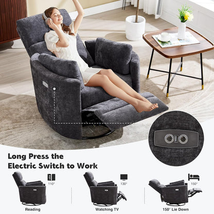 Power Recliner,Nursery Swivel Glider Rocking Chair with USB Port,Upholstered Adult Electric Recliner Rocking Chair with 2 Pillows for Living Room Bedroom (Beige Corduroy, Power-Driven)
