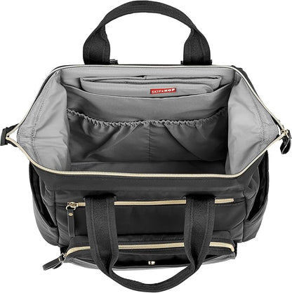 Skip Hop Diaper Bag Backpack: Mainframe Large Capacity Wide Open Structure with Changing Pad & Stroller Attachement, Black with Gold Trim