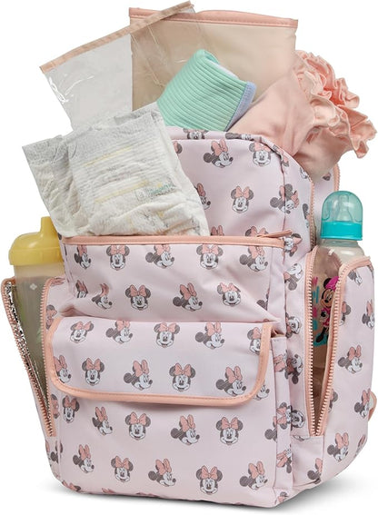 Disney Diaper Bag Backpack with Changing Pad Minnie Mouse – 16” Nylon Baby Bag for Parents, Insulated Bottle Holders, Multiple Storage Pockets