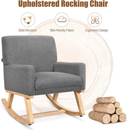 Giantex Upholstered Rocking Chair, Nursery Rocking Chair w/Widened Back, Machine-Washable Seat Cushion Cover, Solid Rubber Wood Frame, Glider Rocker Accent Chair for Living Room, Bedroom, Beige