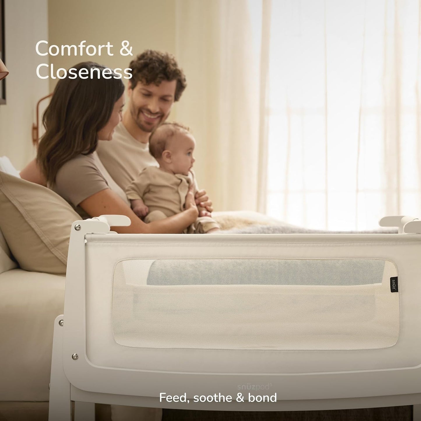 SnuzPod 5 Bedside Bassinet for Baby - Newborn Bed with Zip Down Breathable Windows, Rocking Bedside Sleeper with Lift-Off Bassinet, Portable 3-in-1 Baby Cradle with Wheels & Mattress, Natural