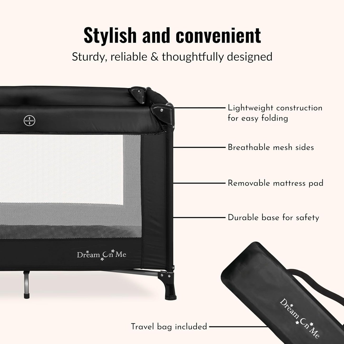 Dream On Me Nest Portable Playard in Black with Carrybag an Shoulder Strap, Lightweight, Packable and Easy Setup Baby Playard, Breathable Mesh Sides and Soft Fabric - Comes with a Removable Padded Mat