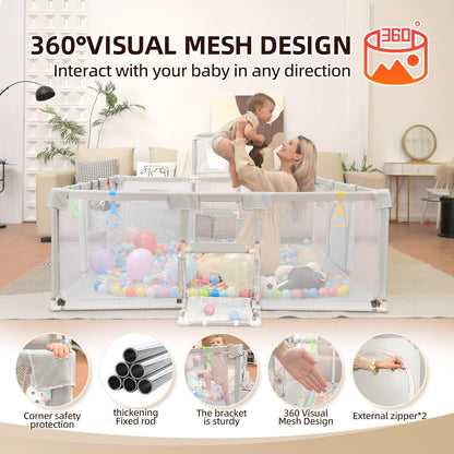 Playpen for Babies and Toddlers,73"x71"Baby Playpen with Mat Indoor＆Outdoor with Breathable Play Pen with Ocean Balls Hanging Pocket Basketball Hoop and Football Goal (Grey with Mat, 73"x71")