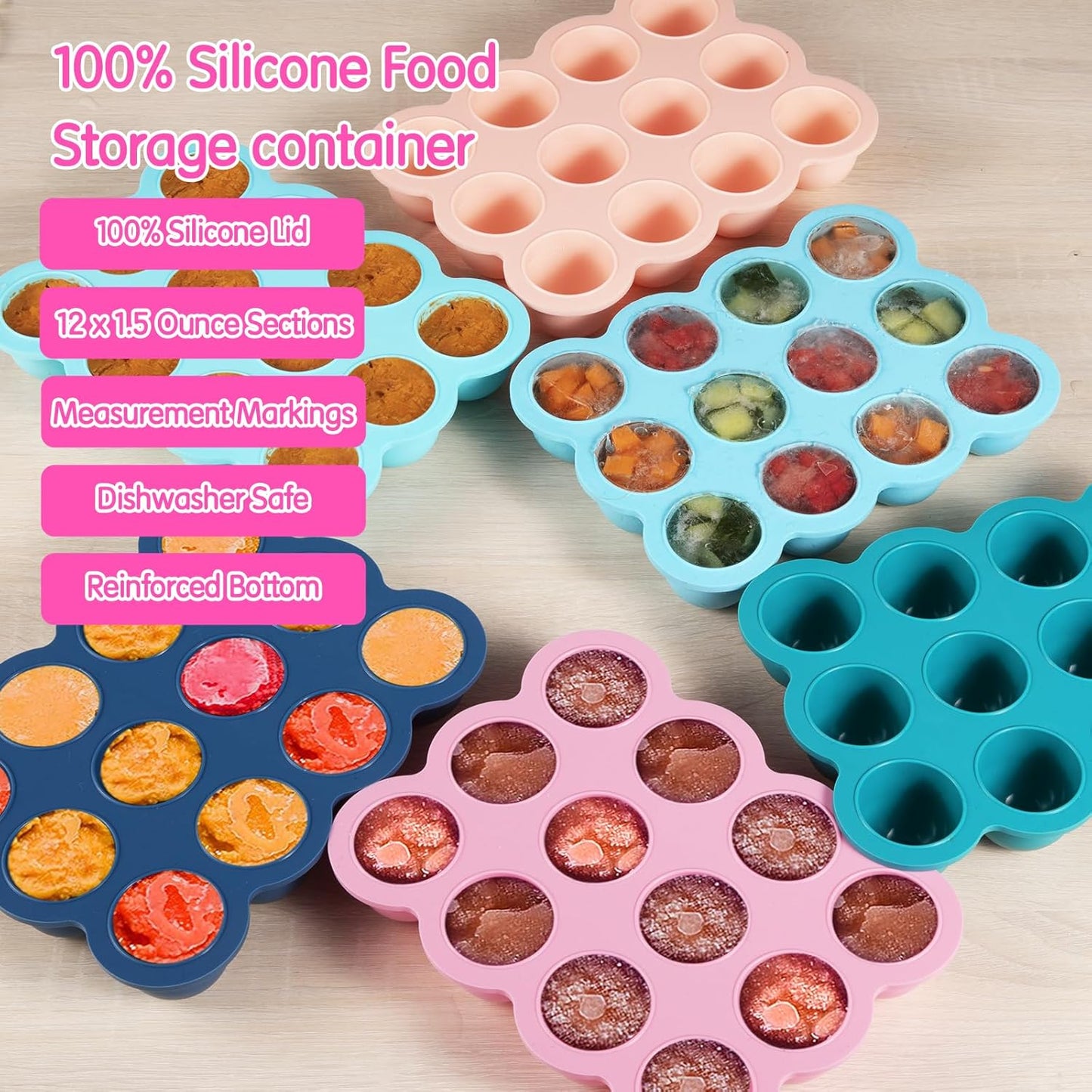 12x1.5oz Baby Food Storage Containers, Baby Food Freezer Tray with Clip Lid Gossamer Pink, Food Grade Silicone Freezer Trays for Purees & Vegetables