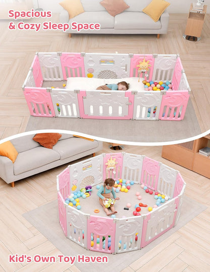 Baby Playpen, Dripex Baby Playard for Babies and Toddlers, 14-Panel Foldable Playpen Adjustable Portable Play Area, Indoor/Outdoor Kids Active Center with Game Panel & Safety Gate, Grey White