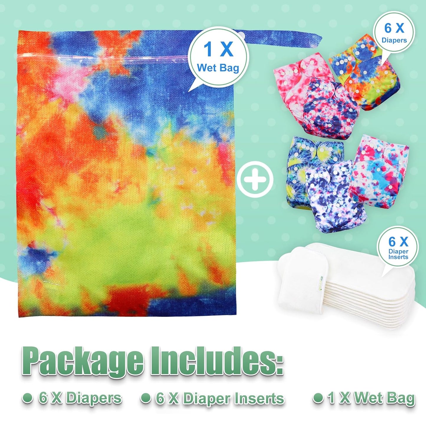 wegreeco Cloth Diapers 6 Pack with 6 Inserts & 1 Wet Bag, Washable Cloth Diapers for Babies, One Size Adjustable Reusable (Flower)