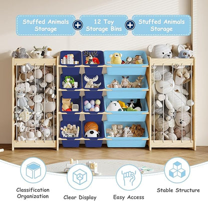 EXPERLAM Large Toy Storage Organizer, Wooden Stuffed Animal Storage & 12-Bins Toy Organizer, Double-Sided Plush Toy Holder Featuring Thicker Ropes, Space Save Bedroom Nursery Playroom Storage, Blue