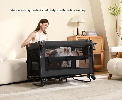 Pack and Play, 4 in 1 Baby Playard – Portable Crib, Bassinet, Bedside Sleeper, Changing Table & Playpen | Breathable Mesh | Safe & Foldable for Newborns to Toddlers (Black)