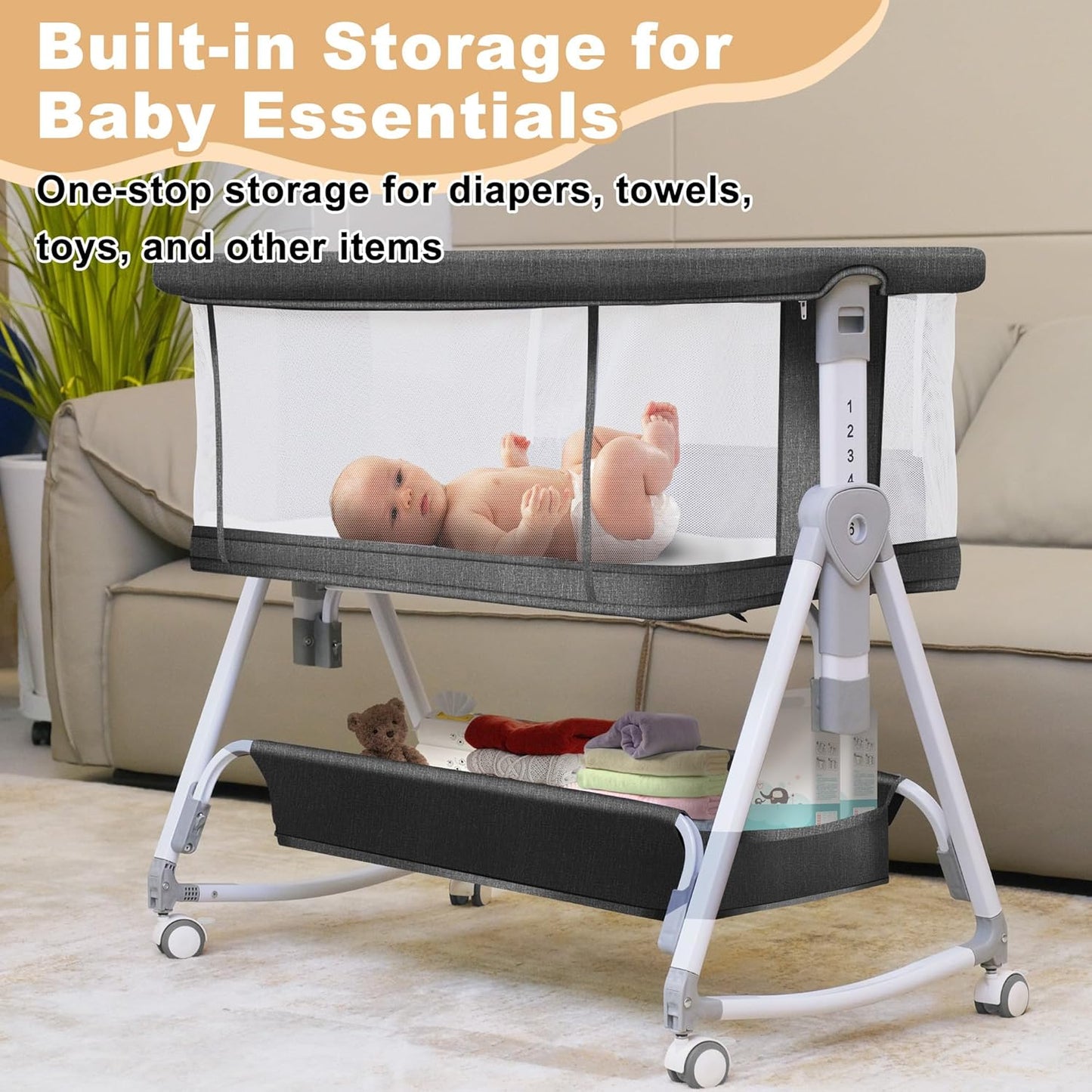 Baby Bassinet,3 in 1 Bedside Bassinet for Baby with Hanging Toys,Foldable Baby Bassinets Bedside Sleeper,4-Sided Mesh Bedside Crib with Wheels and Storage Basket,6 Height Adjustable (Light Grey)