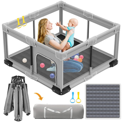 ICAREWAY Foldable Playpen for Babies and Toddlers, 50x50 Inches Portable Playpen, Kids Collapsible Play Pen with 2 Handlers, Indoor & Outdoor Baby Fence Play Area with Visible Mesh, Dark Gray