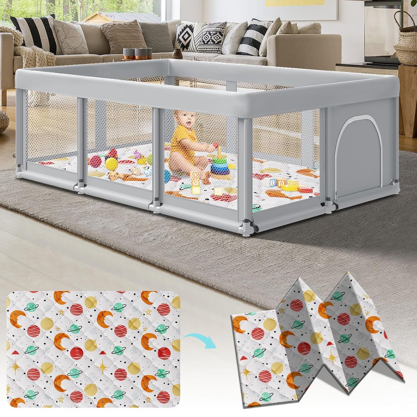Fshibila 74" ×50" Large Baby Playpen, Baby Playard for Babies and Toddlers, Baby Fence Play Pens for Indoor & Outdoor, Sturdy Safety Play Yard with Soft Breathable Mesh, Anti-Fall, Grey