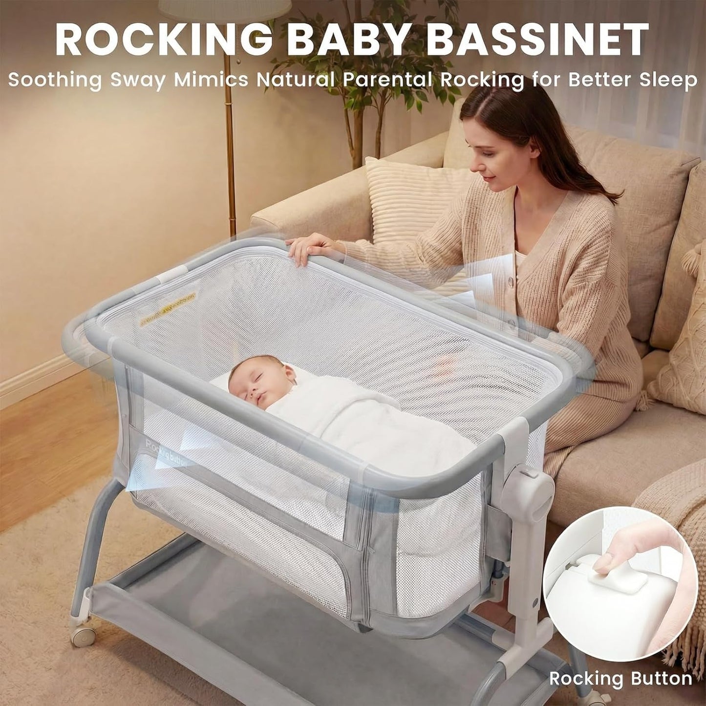 3 in 1 Baby Bassinet,Rocking Bassinets Bedside Sleeper with 6 Adjustable Heights,Breathable Full-Mesh,Comfortable Mattress & Lockable Wheels,Stable Rolling Portable Crib for Newborns(Gray) | Breathable Full Mesh, V-Shaped Structure