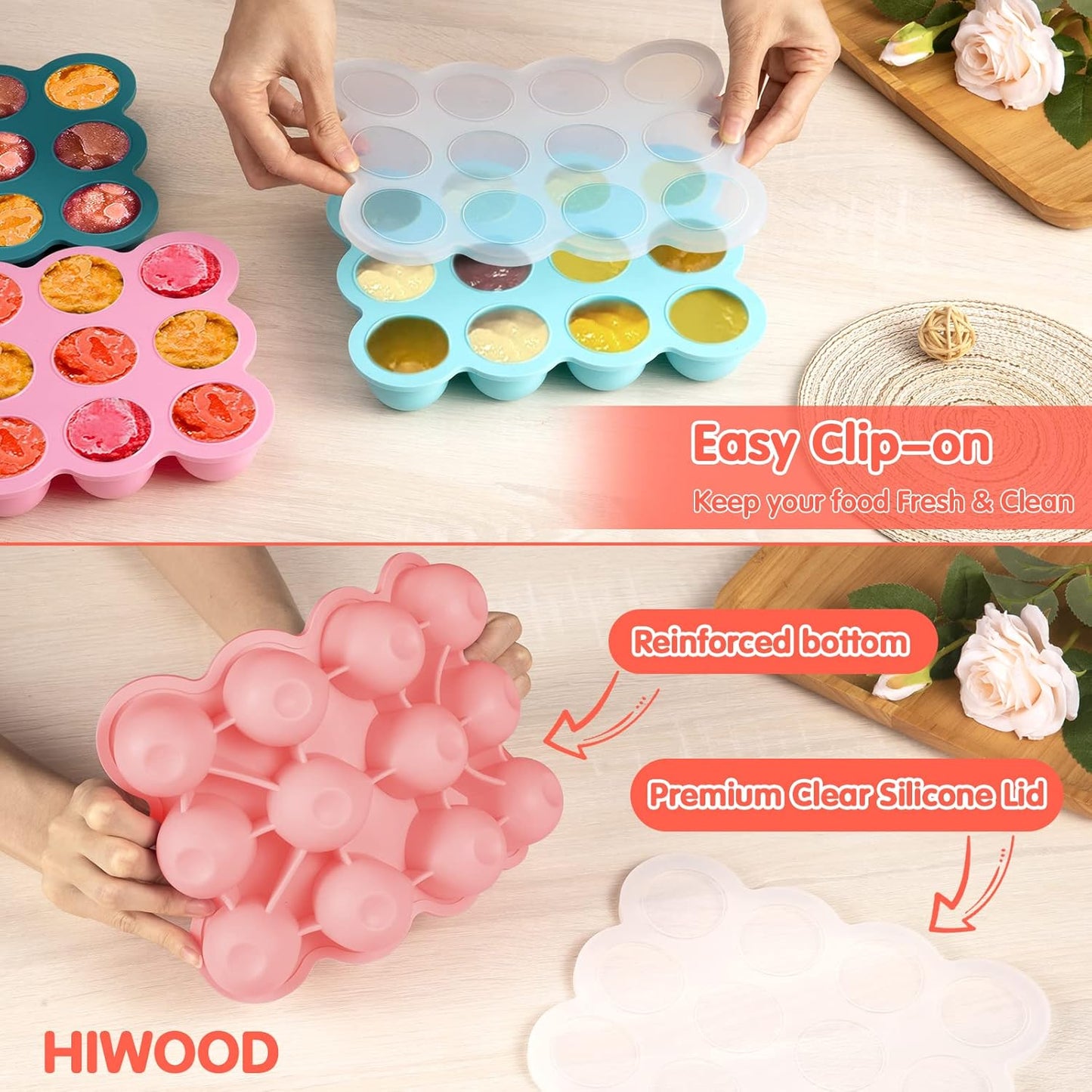 12x1.5oz Baby Food Storage Containers, Baby Food Freezer Tray with Clip Lid Gossamer Pink, Food Grade Silicone Freezer Trays for Purees & Vegetables