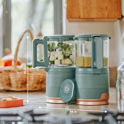 Babymoov Duo Meal Glass Food Maker - Baby Food Processor with Built-in Glass Steamer, Stainless Steel Basket, and Glass Blender (Over 6 Cup Capacity), Dark green