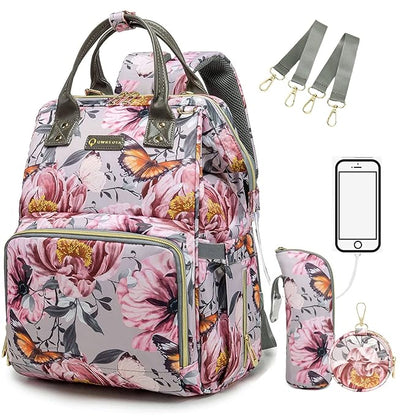 Floral Diaper Bag Backpack with Coin Bag USB Charging Port Stroller Straps and Insulated Pocket,Travel Nappy Backpack For Women/Mom (Grey Pink Flower Pattern)