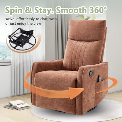 cinkehome Swivel Rocker Recliner, Glider Rocker Recliner Chair for Nursery, Manual Reclining Chair with Heated Massage, Small Spaces, Living Room, Khaki Chenille
