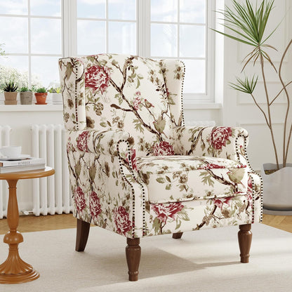 Swivel Rocker Recliner Chair, Manual Nursery Glider Recliner, Floral Fabric Wingback Accent Chair with Adjustable Backrest & Footrest for Small Spaces Living Room Bedroom (Plants Floral, Set of 1)