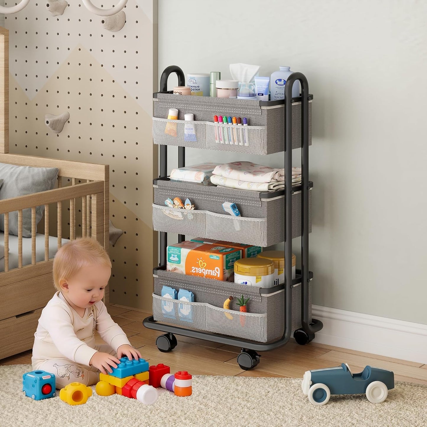 3-Tier Baby Diaper Caddy Organizer Cart, Mobile Nursery Storage Carts with Wheels, 3 Dividers & 6 Mesh Pockets Durable Metal Utility Cart for Nursery, Bedroom, Bathroom, Baby Essentials Organization