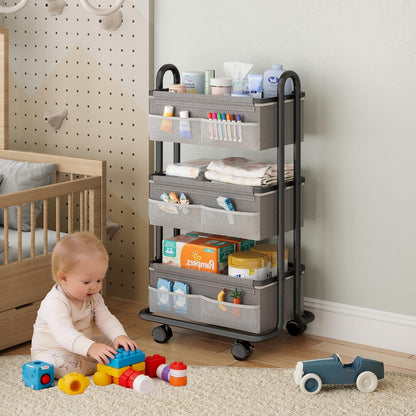 3-Tier Baby Diaper Caddy Organizer Cart, Mobile Nursery Storage Carts with Wheels, 3 Dividers & 6 Mesh Pockets Durable Metal Utility Cart for Nursery, Bedroom, Bathroom, Baby Essentials Organization