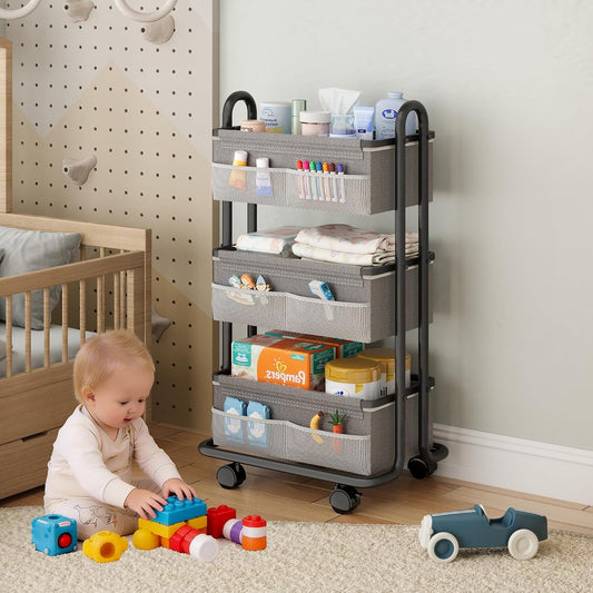 3-Tier Baby Diaper Caddy Organizer Cart, Mobile Nursery Storage Carts with Wheels, 3 Dividers & 6 Mesh Pockets Durable Metal Utility Cart for Nursery, Bedroom, Bathroom, Baby Essentials Organization