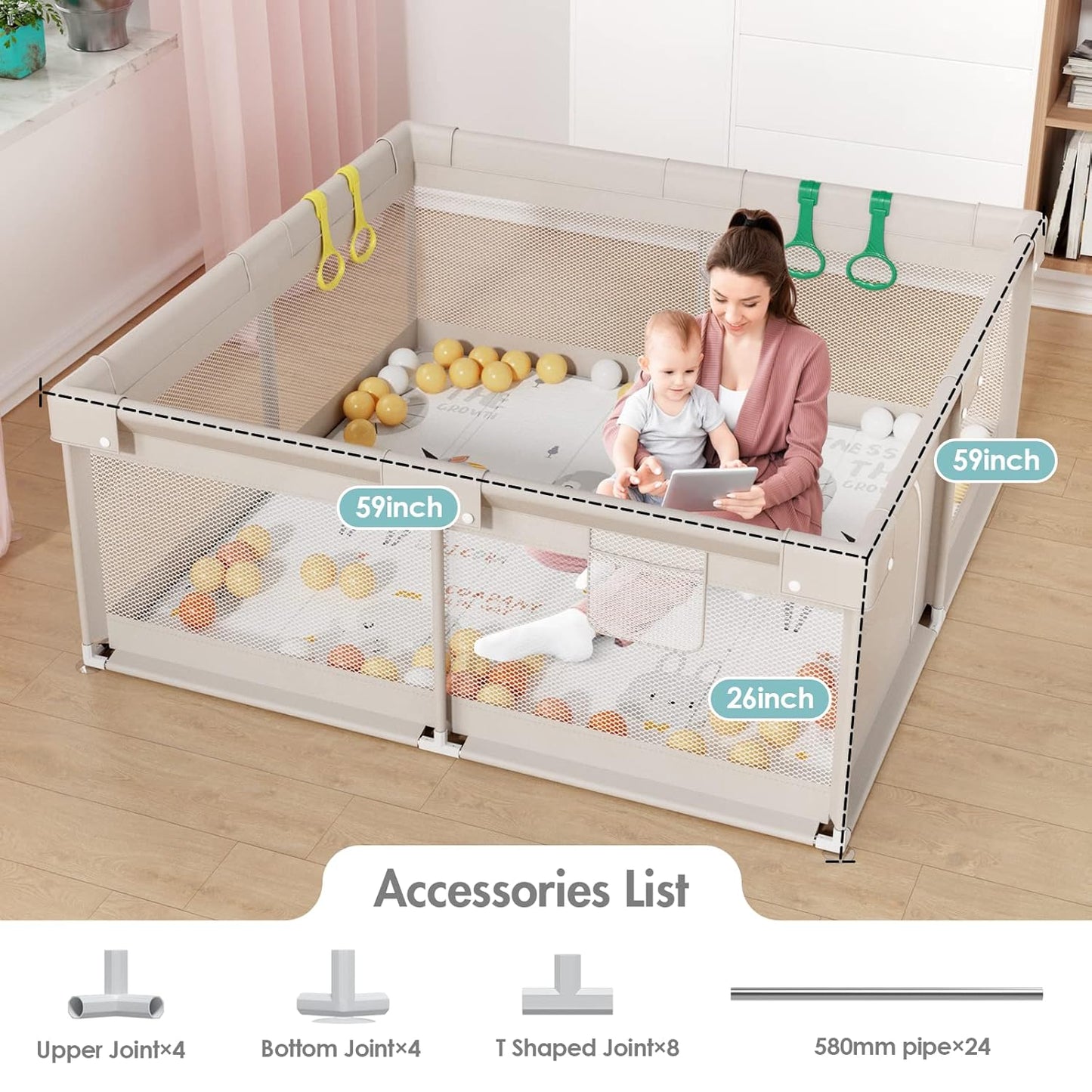 ZEEBABA Baby Playpen with Mat, Playpen for Babies and Toddlers, Small Baby Play Pens, Play Yard for Infants with Play Mat, 47x47inch Playard with Gate
