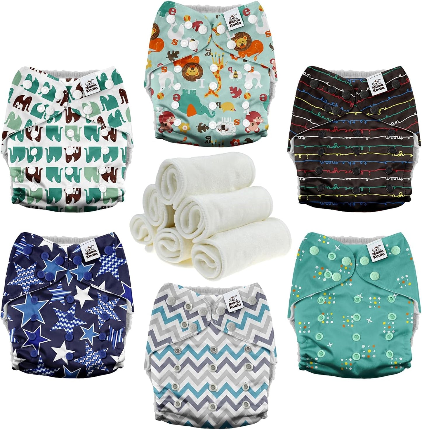 Mama Koala 3.0 Pocket Cloth Diapers for Babies with AWJ Lining, 6 Pack with 6 4-Layer Natural Cloth Diaper Inserts - Reusable and Washable Pocket Diapers(Hardworking Bees) - Colors B
