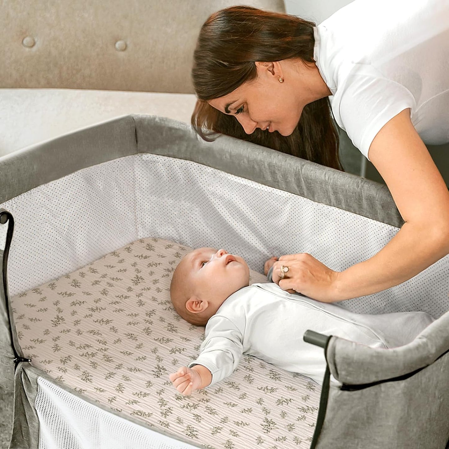 lulumoon Baby Bassinet Sheets Muslin: Cotton Bedside Bassinet Sheets Leaf for Boys - Fitted for Bedside Sleeper Mattress