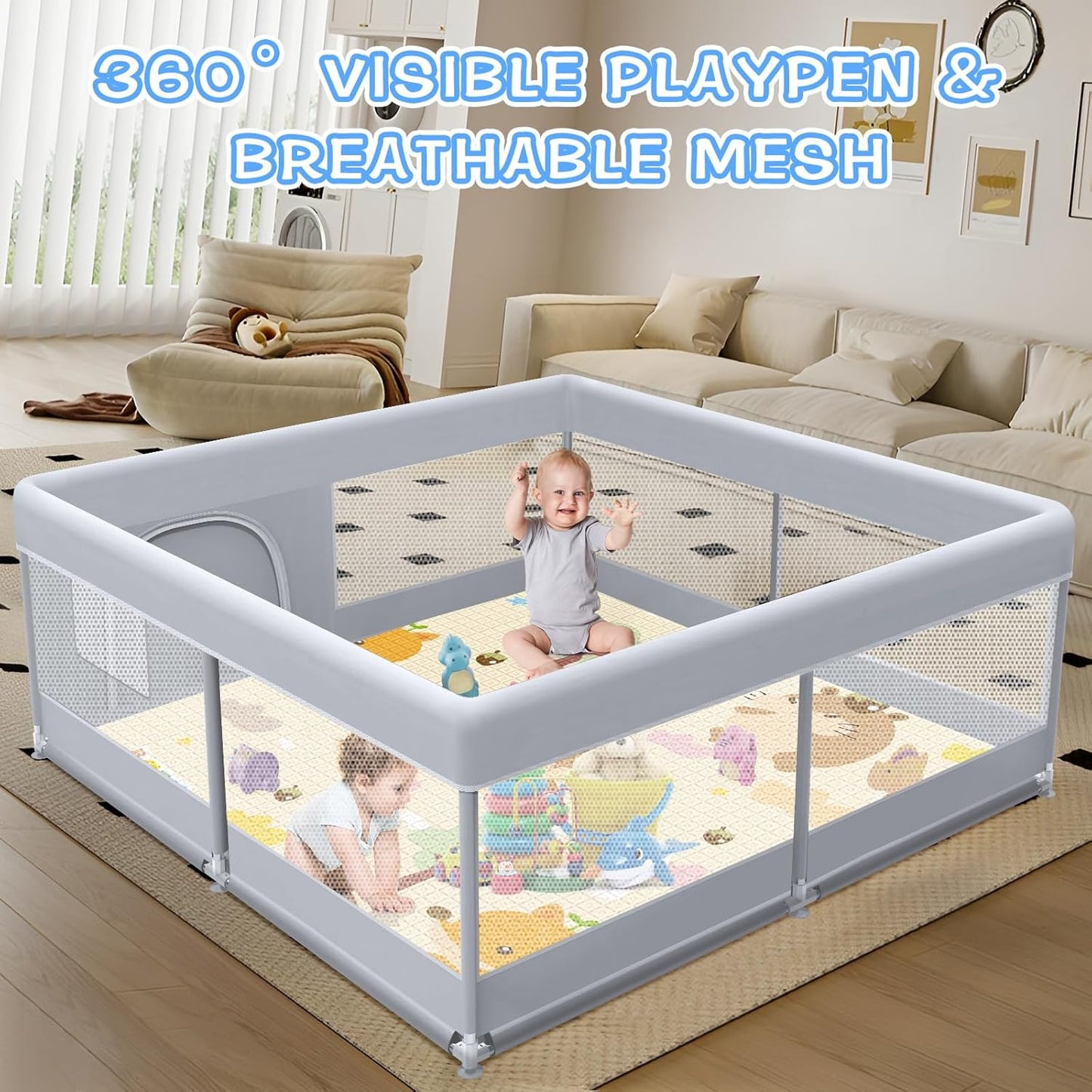 XVISHX Baby Playpen 50 x 50 Inch Play Pen Playards, Playpen for Babies and Toddlers, Baby Playard for Indoor & Outdoor Active Center Game Fence, with Skin-Friendly Fabric and Soft Breathable Mesh Grey