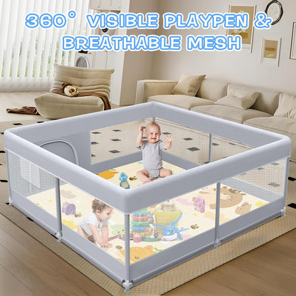 XVISHX Baby Playpen 50 x 50 Inch Play Pen Playards, Playpen for Babies and Toddlers, Baby Playard for Indoor & Outdoor Active Center Game Fence, with Skin-Friendly Fabric and Soft Breathable Mesh Grey