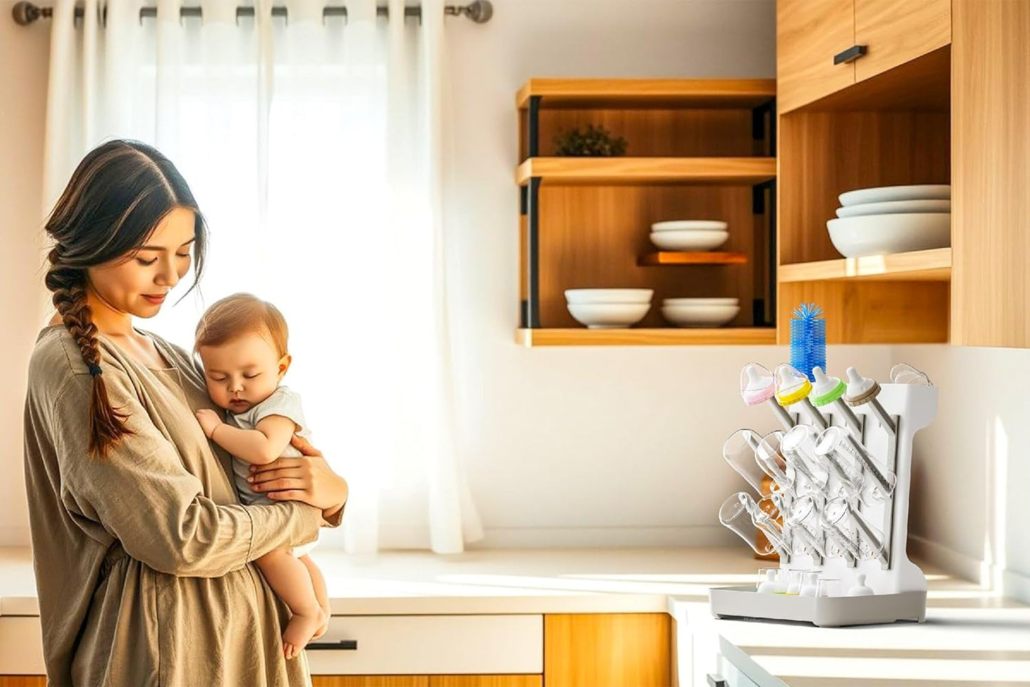 Baby Bottle Drying Rack: Large Vertical Bottle Dryer Rack Holder - Space Saving Standing Drying Rack for Baby Bottles and Pump Part Cleaning（Beige）