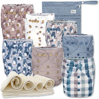 Nora's Nursery Cloth Diapers 7 Pack with 7 Inserts & 1 Wet Bag - Waterproof Cover, Washable, Reusable & One Size Adjustable Pocket Diapers for Newborns and Toddlers - Delilah