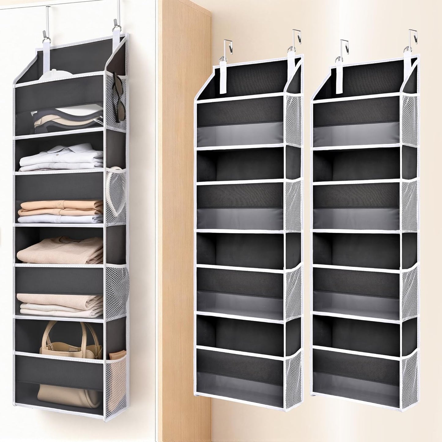 ULG 1 Pack Over Door Organizer with 5 Large and 10 Mesh Side Pockets, 44 lbs Weight Capacity Hanging Storage with Clear Window Kids Toys, Shoes, Diapers, Dark Grey, 5 Layers