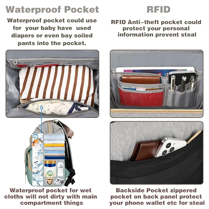 Jiefeike Diaper Bag Backpack,Dad Mom Travel Backpack Diaper Bag for Baby Boys Girls,Insulated Pockets Portable Baby Nappy Bags RFID Anti-Theft Water-Resistant Pocket Stroller