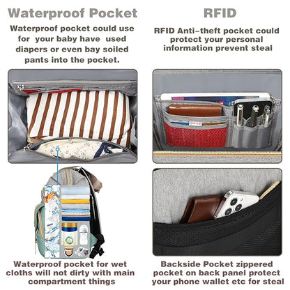 Jiefeike Diaper Bag Backpack,Dad Mom Travel Backpack Diaper Bag for Baby Boys Girls,Insulated Pockets Portable Baby Nappy Bags RFID Anti-Theft Water-Resistant Pocket Stroller