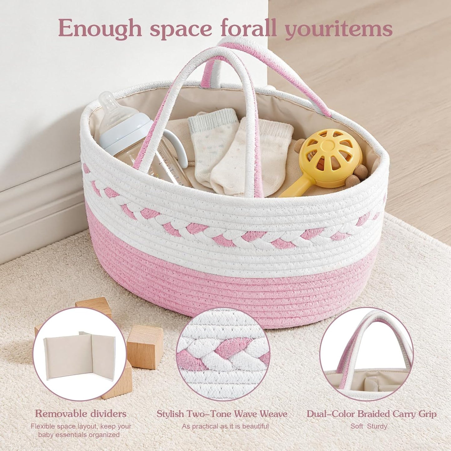 Diaper caddy Organizer, Cotton Rope Gift Basket with Removable Divider, Nursery Storage Organizer for Baby Essentials, Changing Table Diaper Storage Caddy (Pink)