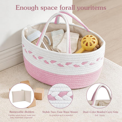 Diaper caddy Organizer, Cotton Rope Gift Basket with Removable Divider, Nursery Storage Organizer for Baby Essentials, Changing Table Diaper Storage Caddy (Pink)