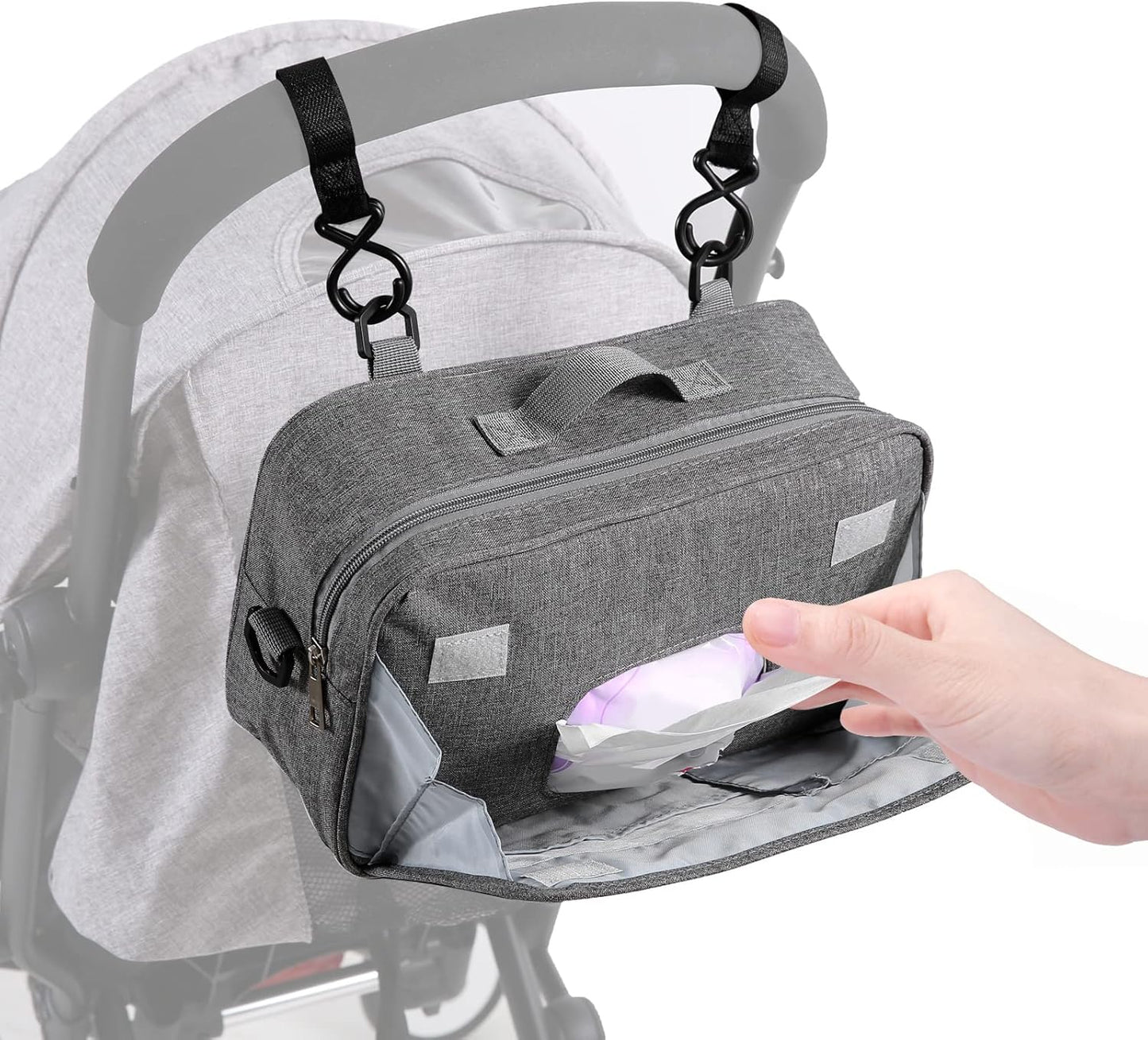 TRENDPLAY Small Diaper Bag, Mini Stroller Organizer Caddy with Wipe Pockets Caddy Parent Console with Stroller Straps Fit All Strollers, Black