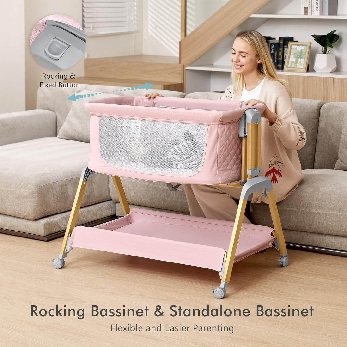 TotRun Bassinet Bedside Sleeper, Rocking Bassinets with Comfy Mattress and Wheels for Newborn, 5-Height Adjustable (Black)