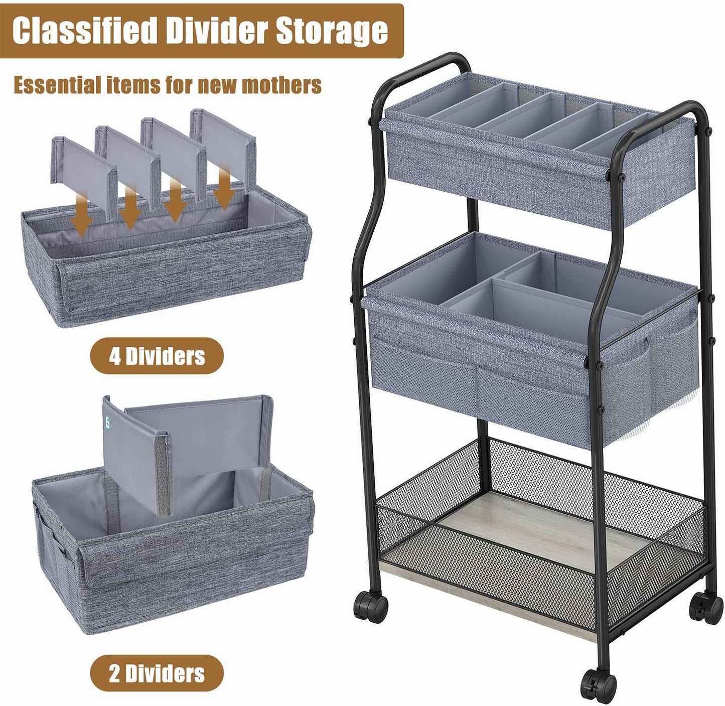 3-Tier Baby Diaper Caddy Cart Organizer,Mobile Nursery Storage Carts with Wheels,With 2 Dividers&14 Mesh Pockets Durable Metal Utility Cart for Nursery, Bedroom, Bathroom, Baby Essentials Organization