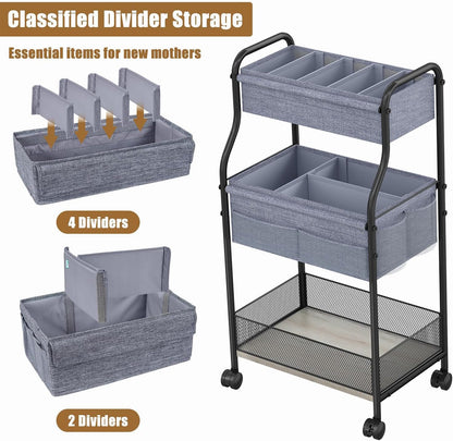 3-Tier Baby Diaper Caddy Cart Organizer,Mobile Nursery Storage Carts with Wheels,With 2 Dividers&14 Mesh Pockets Durable Metal Utility Cart for Nursery, Bedroom, Bathroom, Baby Essentials Organization