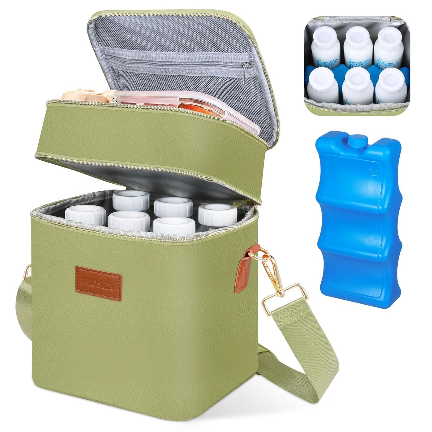 PIIOSER Breastmilk Cooler Bag with Ice Pack Fits 6 Baby Bottles Up to 9 Ounce, Insulated Baby Bottle Tote Bags, Double Layer Waterproof Leak-Proof with Shoulder Strap for Nursing & Working Mom (Grey)