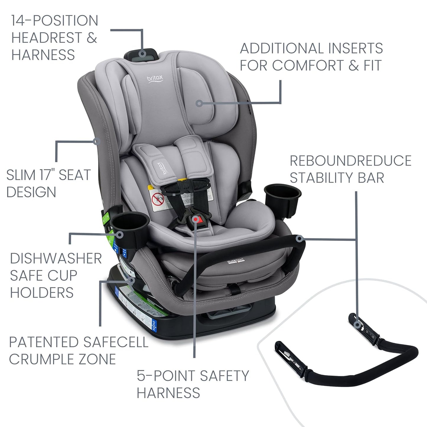 Britax Poplar S Convertible Car Seat, 2-in-1 Car Seat Extended Rear Facing, 17” Slim Car Seat Design with Fast & Easy ClickTight Installation, Anti-Rebound Bar & SafeWash Fabrics — Cowmooflage