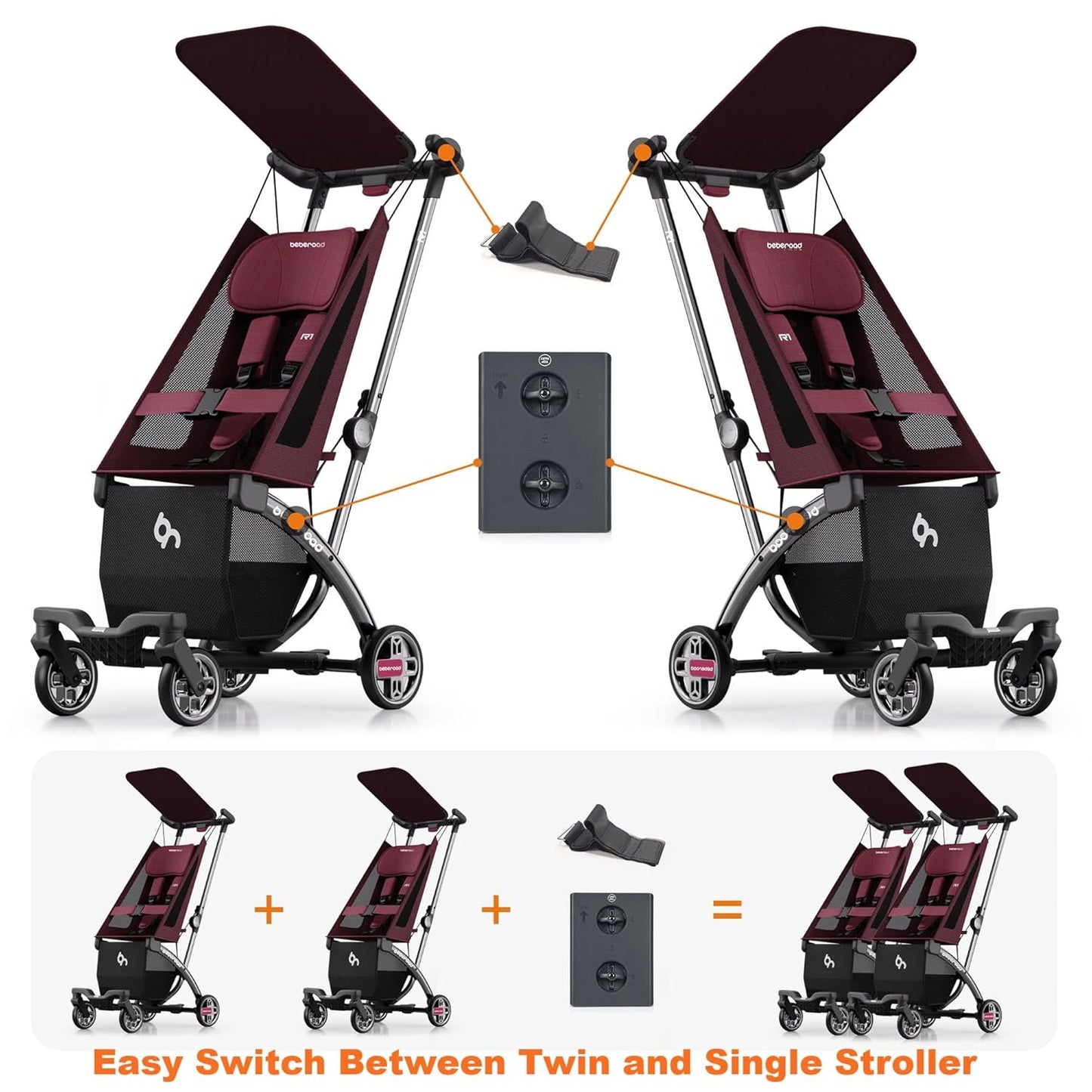 Beberoad Love R1 Auto-Folding Ultra Lightweight Double Stroller Twin Strollers, Side by Side Stroller for Babies and Toddlers Aged 6-36 Months, Only 23.5 lbs, Can Turn into Two Single Strollers, Black