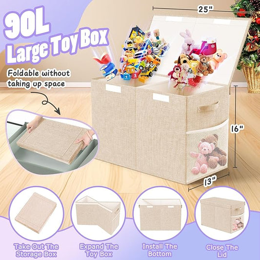 Large Toy Storage Box with Lid Divider, Sturdy Collapsible Toys Organizer Chest Kids Storage Bins Boxes Baskets for Boys, Girls, Nursery, Bedroom, Living Room, Playroom, 25"x13"x16", Beige