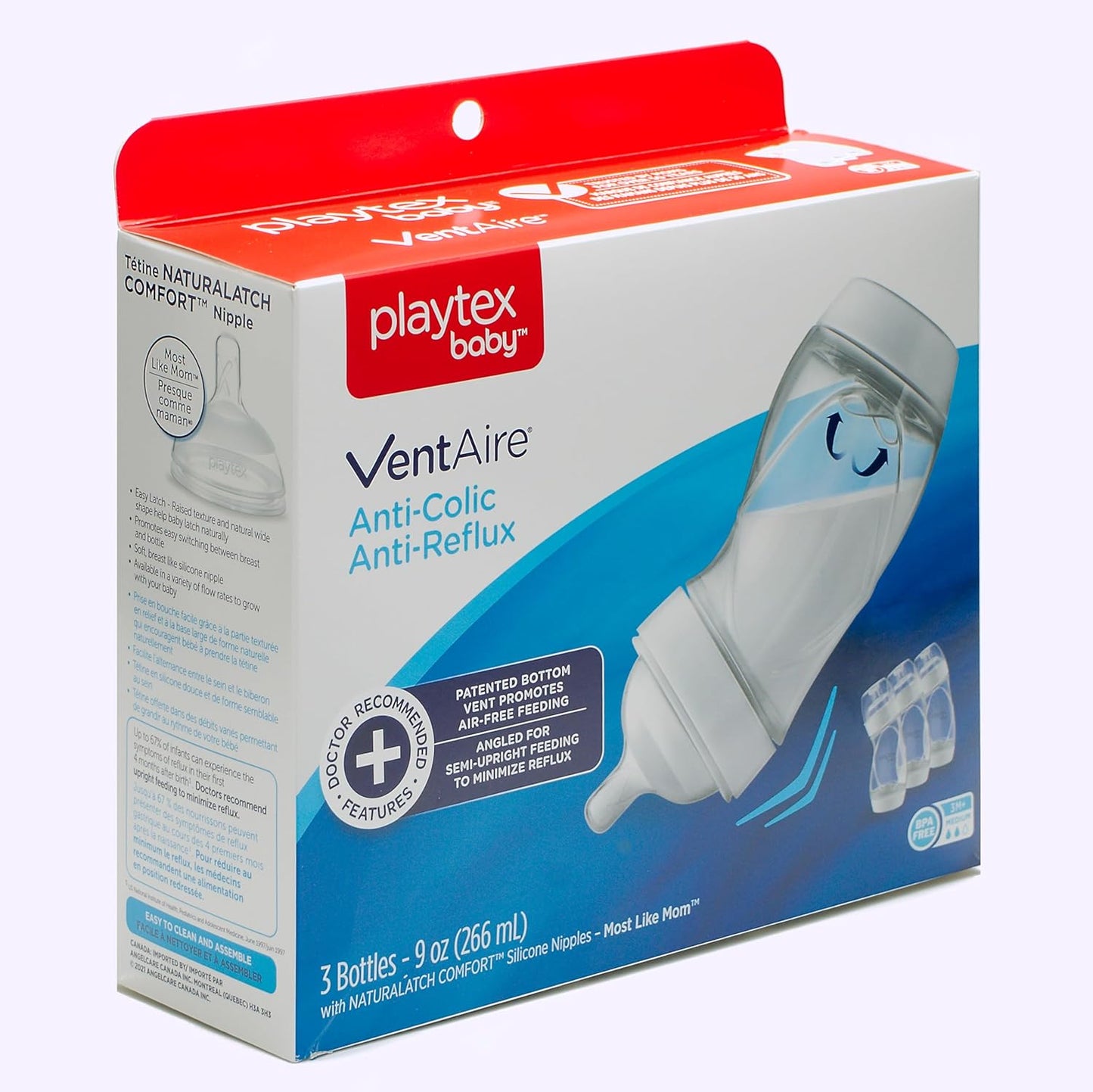 Playtex Baby VentAire Complete Tummy Comfort Baby Bottle, 9 Oz (3 Count), Anti-Colic & Anti-Reflux Bottles for Newborn and Breastfeeding Babies, Feeding Essentials