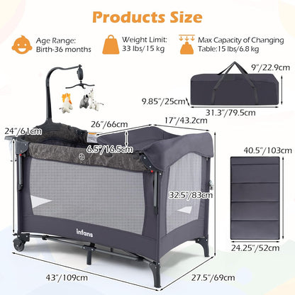 INFANS 4 in 1 Baby Bassinet, Converts Pack and Play to Portable Bedside Crib Sleeper with Diaper Changer, Mattress, Carry Bag, Music Box, Hanging Toys for Infants Toddlers (Black)